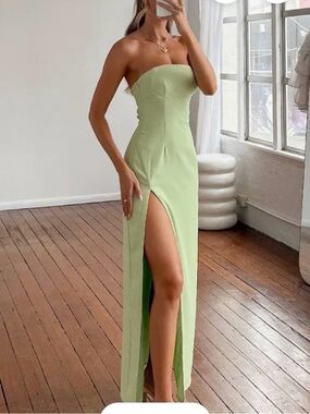 Beginning Boutique Strapless Light Green Maxi Dress with High Slit